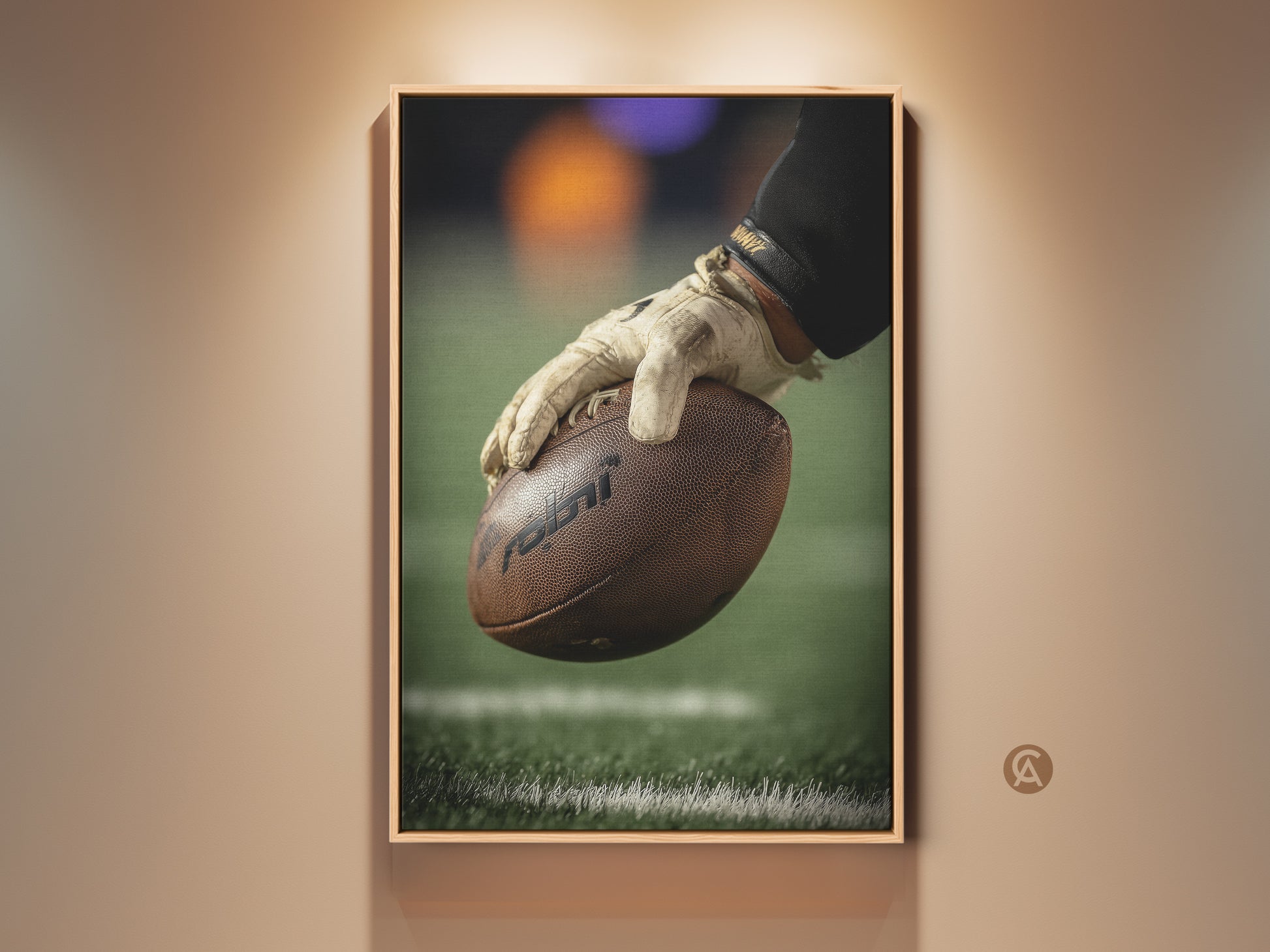 Close-up American Football art print. A player's gloved hand grips the ball tightly. This sports photography canvas is ideal man cave wall decor. A perfect gift for any football fan. The brown and green palette captures the game's raw energy. Add gridiron action to your space.