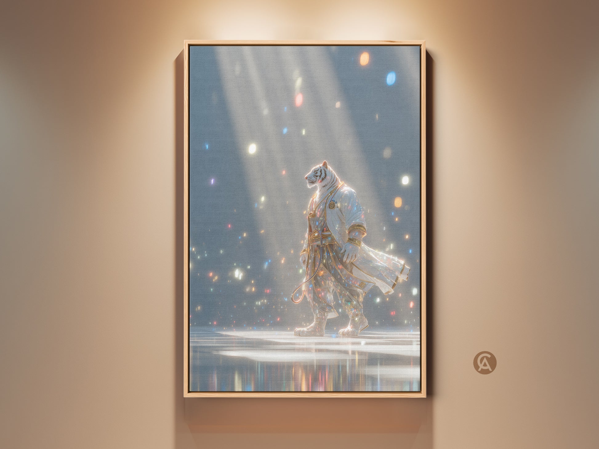 A framed artwork of a tiger wearing a robe. The tiger is walking in a room full of shimmering lights. The art is matted and ready to hang. This tiger artwork would look great in any room.