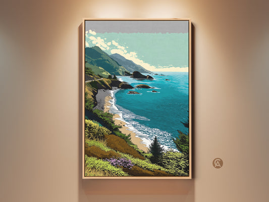 Vintage Coastal Road Canvas Artwork. This ocean landscape print captures a rocky shoreline. Teal and blue hues bring nature and travel allure. Perfect wall decor for landscape art lovers.