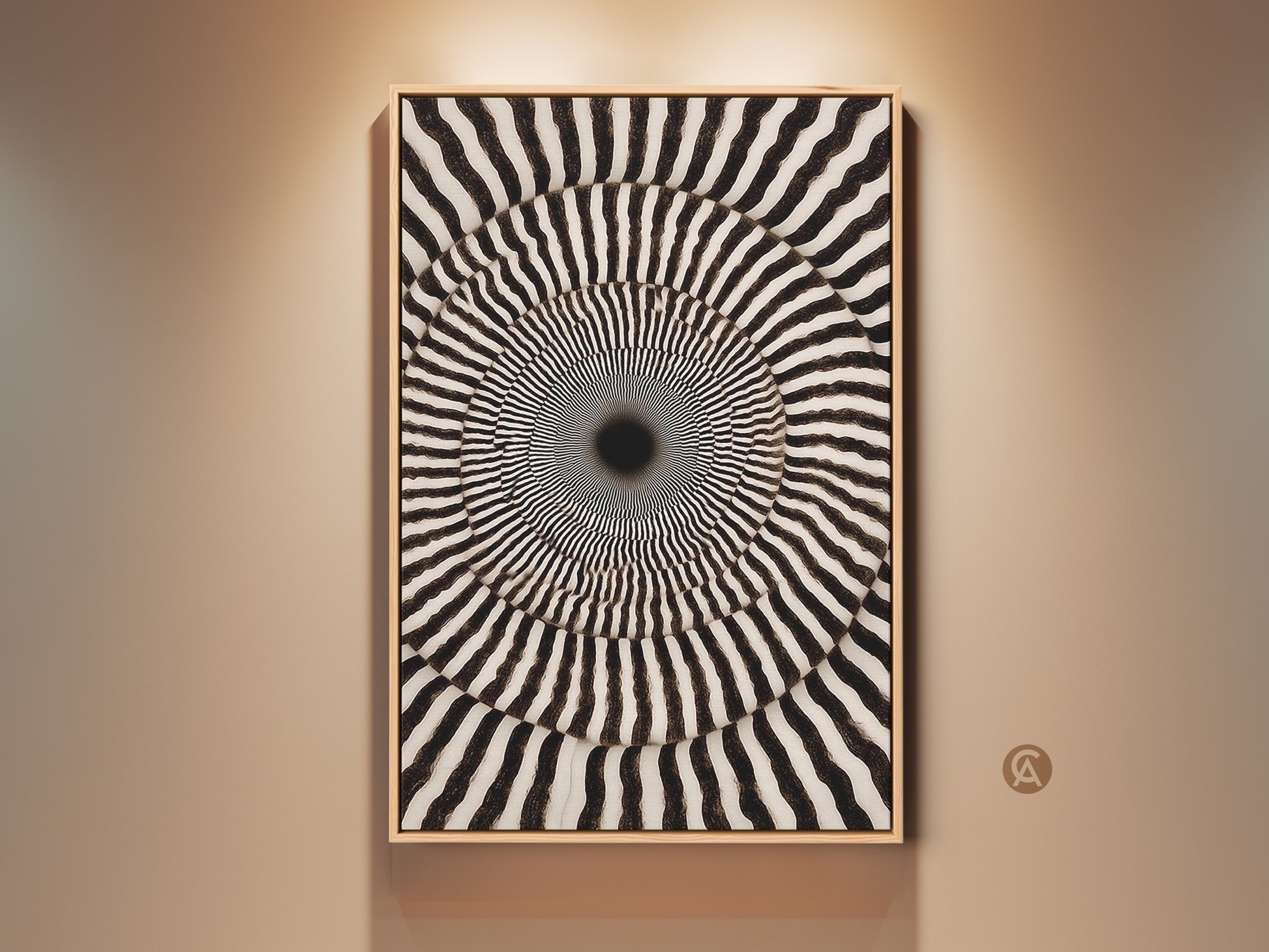 Framed Black and White Abstract Canvas Art. A Geometric Swirl Print creates an Op Art Concentric Circles Wall Decor. This contemporary piece makes a great den gift. The monochrome artwork offers a psychedelic touch with its optical illusion art.