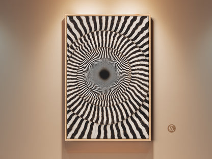 Framed Black and White Abstract Canvas Art. A Geometric Swirl Print creates an Op Art Concentric Circles Wall Decor. This contemporary piece makes a great den gift. The monochrome artwork offers a psychedelic touch with its optical illusion art.