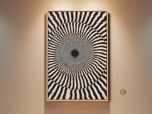 Framed Black and White Abstract Canvas Art. A Geometric Swirl Print creates an Op Art Concentric Circles Wall Decor. This contemporary piece makes a great den gift. The monochrome artwork offers a psychedelic touch with its optical illusion art.