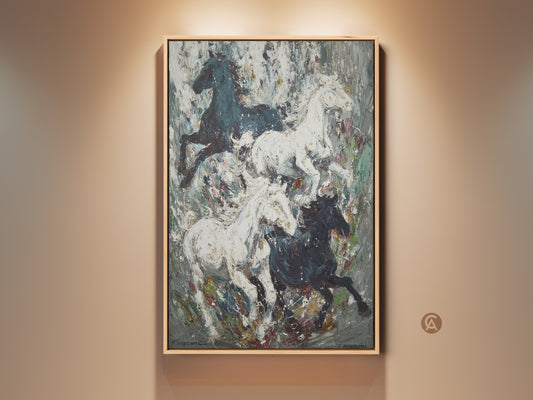Impressionistic black and white horse art print. Wild horses artwork on canvas adds an eclectic touch to any room. Textured home decor for horse lovers. This equestrian artwork brings nature indoors. A sophisticated piece for living rooms bedrooms or offices.