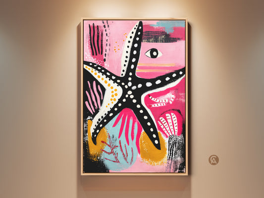 A framed canvas features a playful abstract starfish. This starfish is rendered in vibrant hot pink black turquoise and golden yellow. It is a boho wall artwork coastal decor art print for your home.