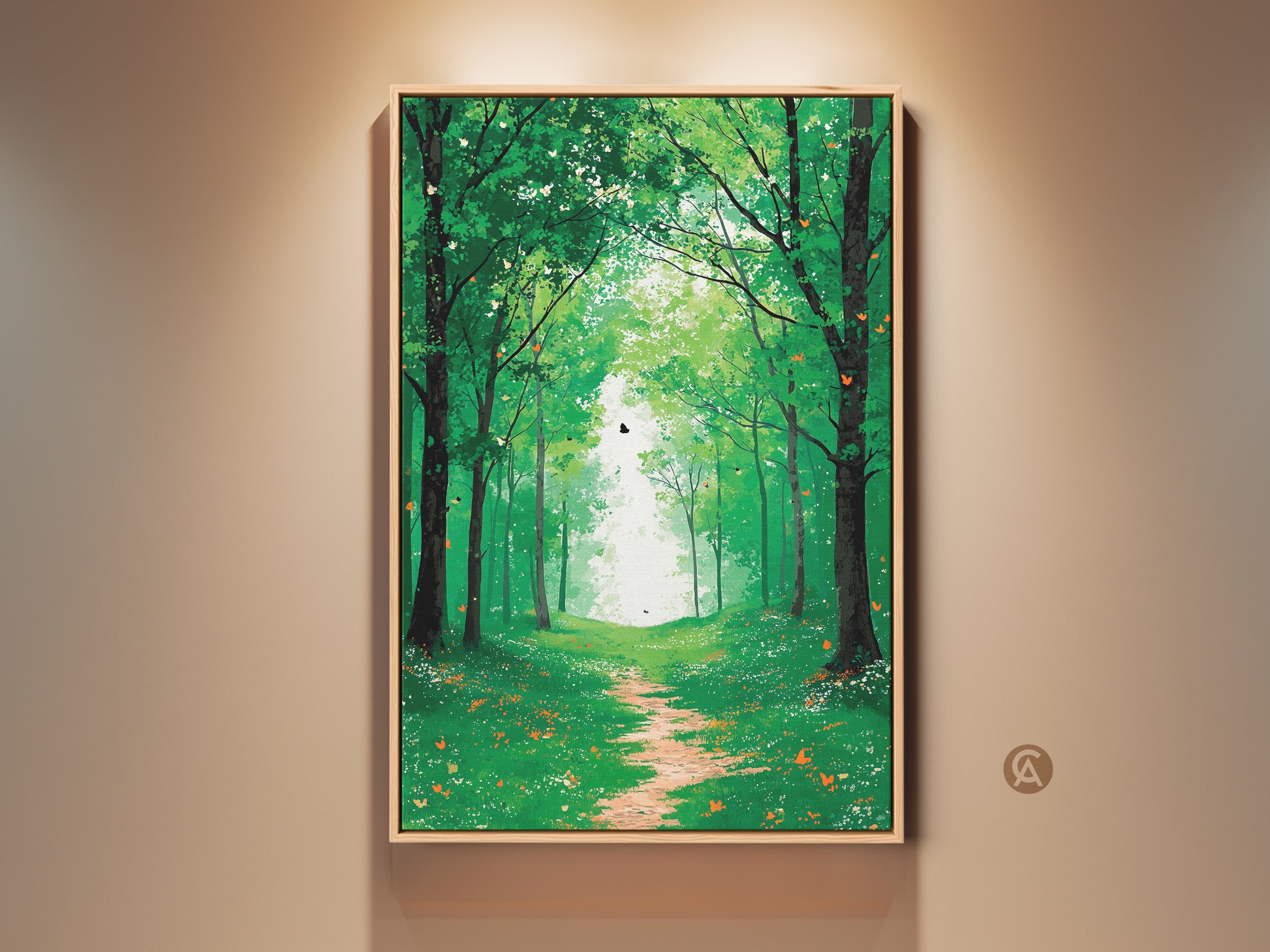 Framed boho emerald green forest path art print displayed on a beige wall. This peaceful woodland artwork features delicate butterflies creating a serene nature landscape for bedroom wall decor.