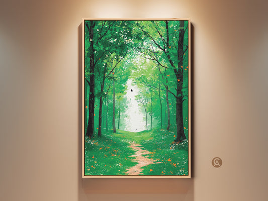 Framed boho emerald green forest path art print displayed on a beige wall. This peaceful woodland artwork features delicate butterflies creating a serene nature landscape for bedroom wall decor.