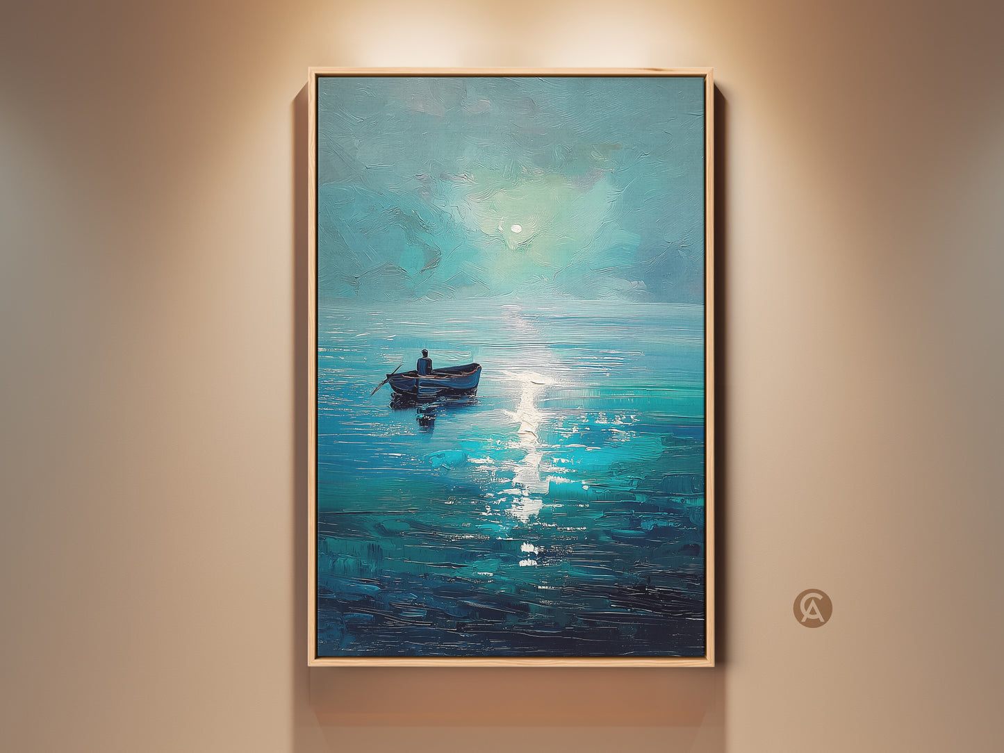 Deep blue ocean canvas print in a floating frame. Impressionistic seascape wall art adds coastal charm to any room. A lone boat under a soft moon creates a serene atmosphere. Perfect nautical home decor art or a thoughtful gift for sailors.