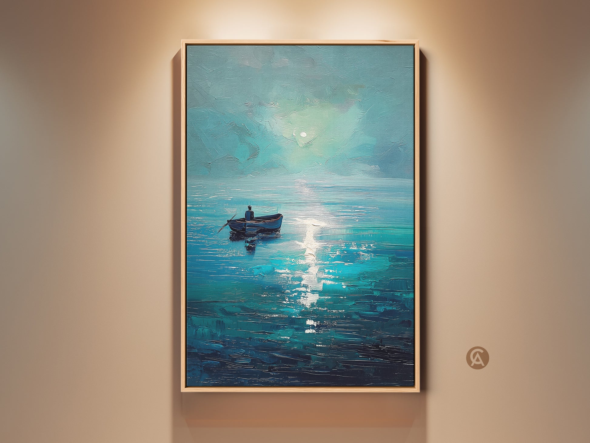 Deep blue ocean canvas print in a floating frame. Impressionistic seascape wall art adds coastal charm to any room. A lone boat under a soft moon creates a serene atmosphere. Perfect nautical home decor art or a thoughtful gift for sailors.