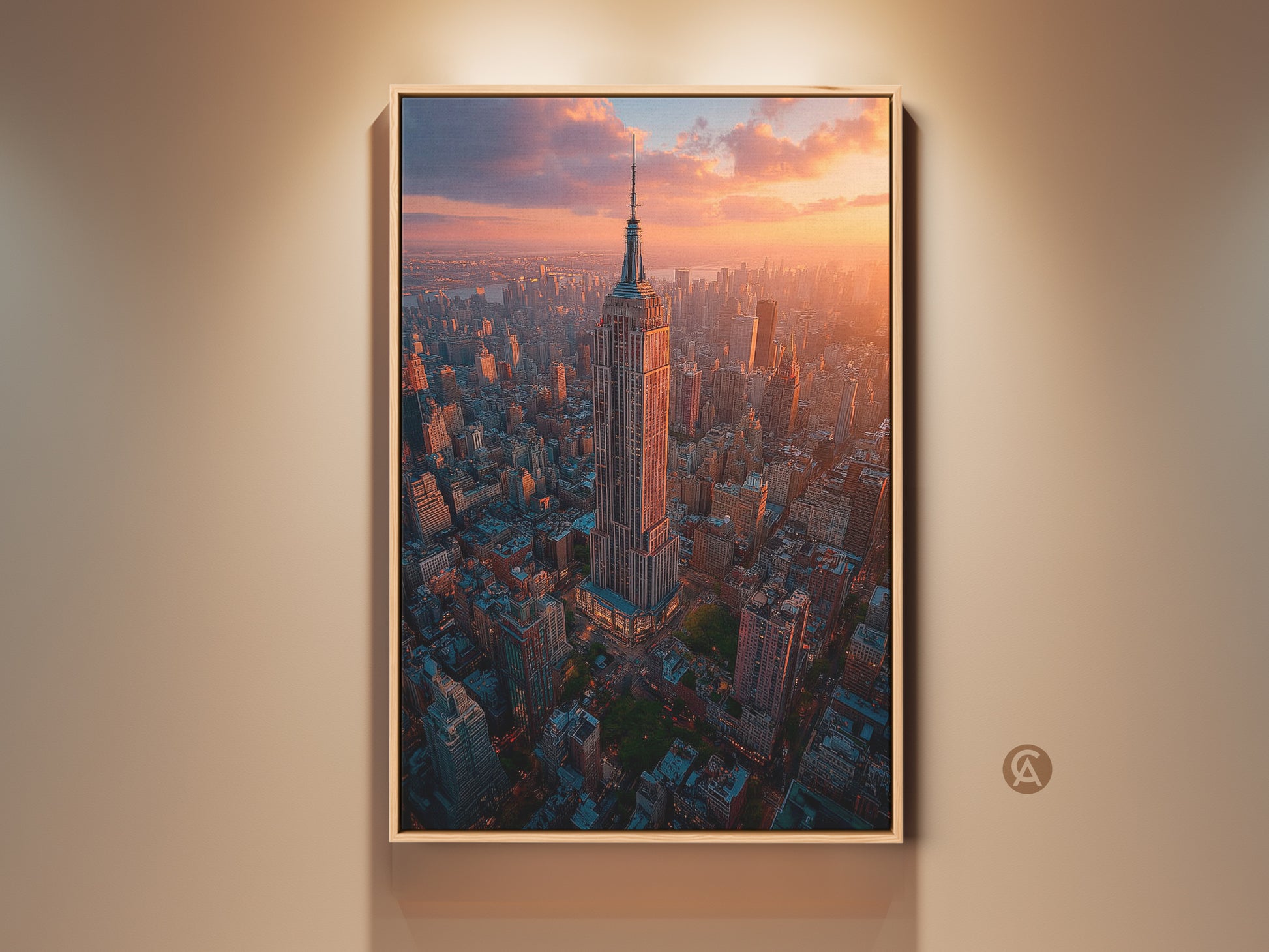 A framed canvas print displays a breathtaking aerial view of the Empire State Building at golden hour. The NYC cityscape artwork captures a realistic sunset casting a warm glow over the urban landscape. Ideal for home decor this piece brings contemporary urban photography to any room