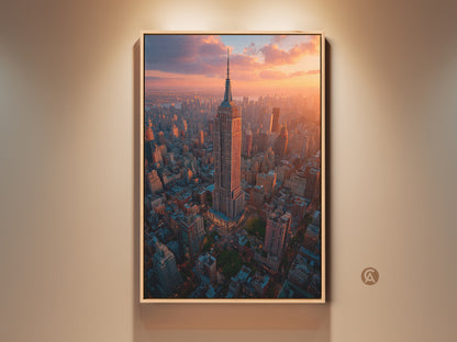 A framed canvas print displays a breathtaking aerial view of the Empire State Building at golden hour. The NYC cityscape artwork captures a realistic sunset casting a warm glow over the urban landscape. Ideal for home decor this piece brings contemporary urban photography to any room