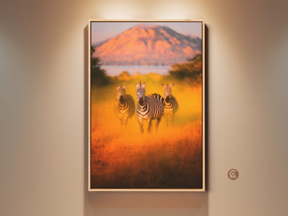 Photorealistic zebra canvas print in an African savanna landscape. Warm earth tones and dramatic lighting enhance the wildlife art. A perfect piece for eclectic home decor and housewarming gift ideas. Ideal wall art for bedroom or living room. Safari theme decor with orange savanna artwork for nature lovers.