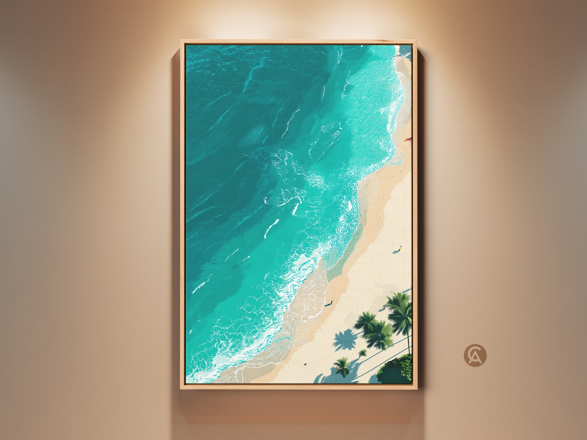 Framed beach artwork in a natural wood frame. Coastal wall art featuring a turquoise ocean view from above. Relaxing beach scene adds a touch of summer to any room. Perfect for coastal home decor. The artwork is ready to hang.