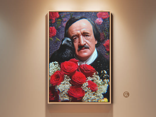 Framed Edgar Allan Poe Raven & Roses canvas art. This gothic literary print features the writer with a black raven and burgundy red roses. Dark Academia style wall decor is a great gift for book lovers.