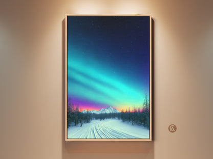 Framed snowy mountain Aurora Borealis canvas art is displayed on a wall. Teal blue and purple sky print brings dreamy nature landscape wall decor. Celestial space artwork adds contemporary style to residential wall hanging.