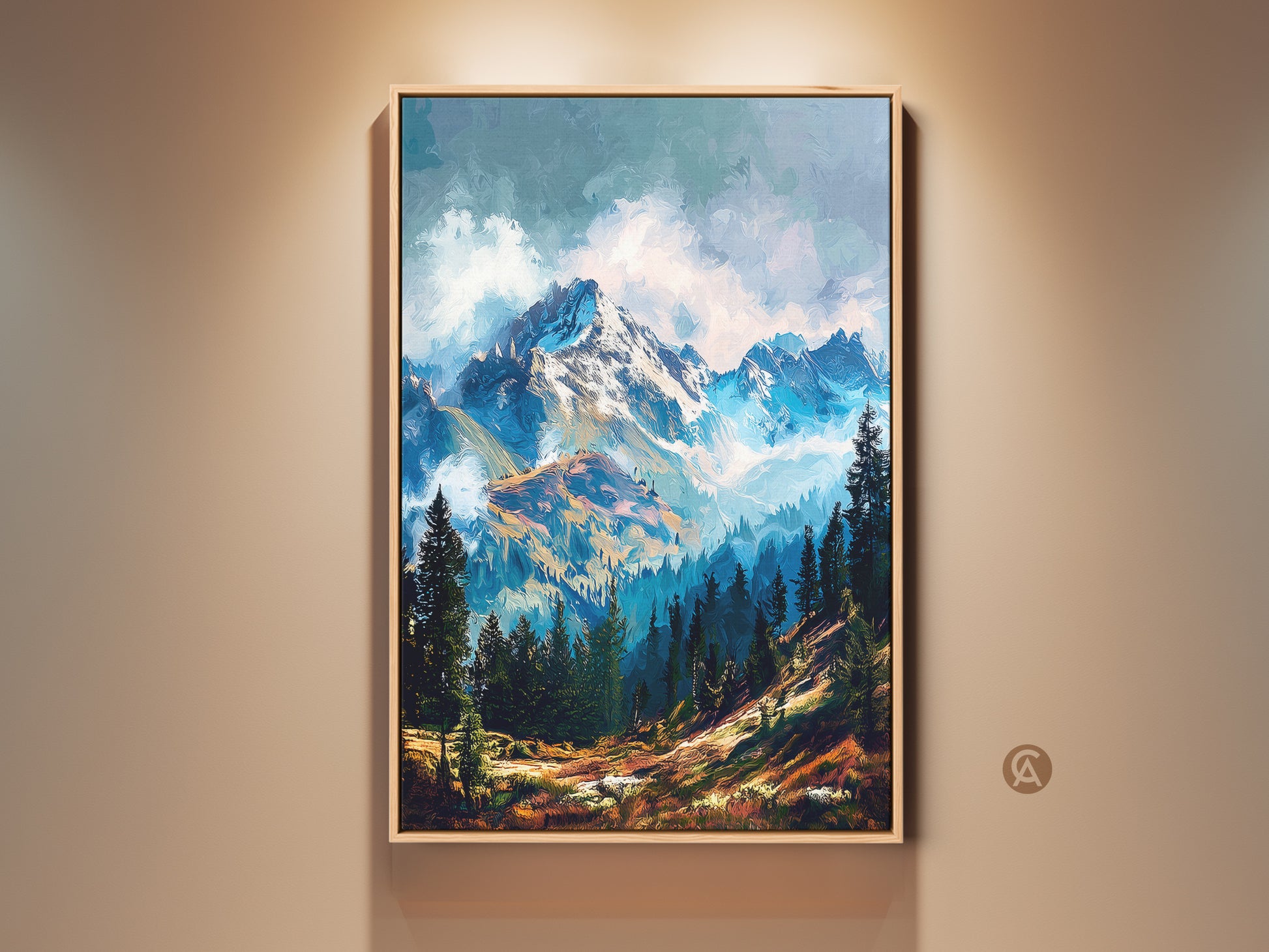 Experience the beauty of nature with this framed mountain artwork. The piece captures a stunning mountain range with its snow-capped peaks. Lush green forests fill the lower landscape. This art adds a touch of serenity to any space.