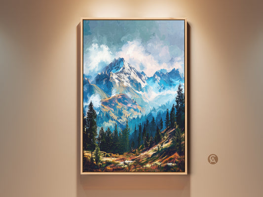 Experience the beauty of nature with this framed mountain artwork. The piece captures a stunning mountain range with its snow-capped peaks. Lush green forests fill the lower landscape. This art adds a touch of serenity to any space.