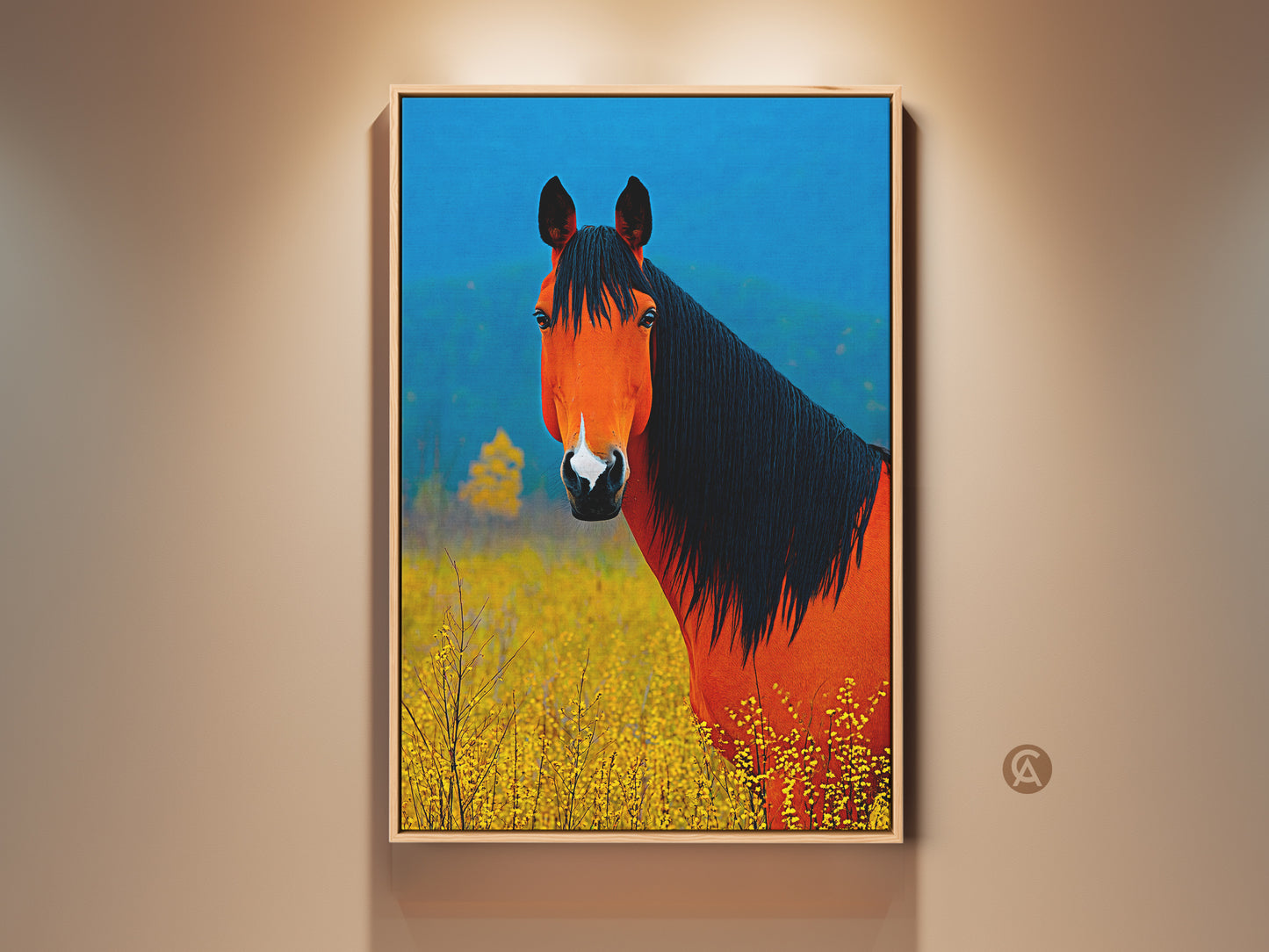 Orange and blue horse artwork graces a wall. This equestrian canvas print adds a touch of modern farmhouse charm. The wild flower field animal art makes a thoughtful gift for horse lovers. This striking piece enhances any room with nature's beauty