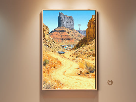 Monument Valley art print featuring a Southwestern desert road trip. The digital painting shows a vintage car on a terracotta road. Sky blue highlights the canyon scenic landscape. This ochre toned residential artwork adds adventure to any space.