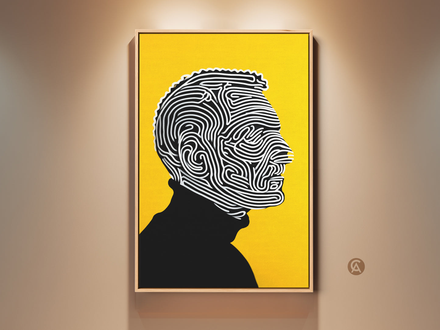 Modern portrait artwork on canvas. The artwork features a yellow background. A black and white line art portrait is central. The artwork is framed in a natural wood floating frame. Add a contemporary touch to your living room with this unique canvas art.