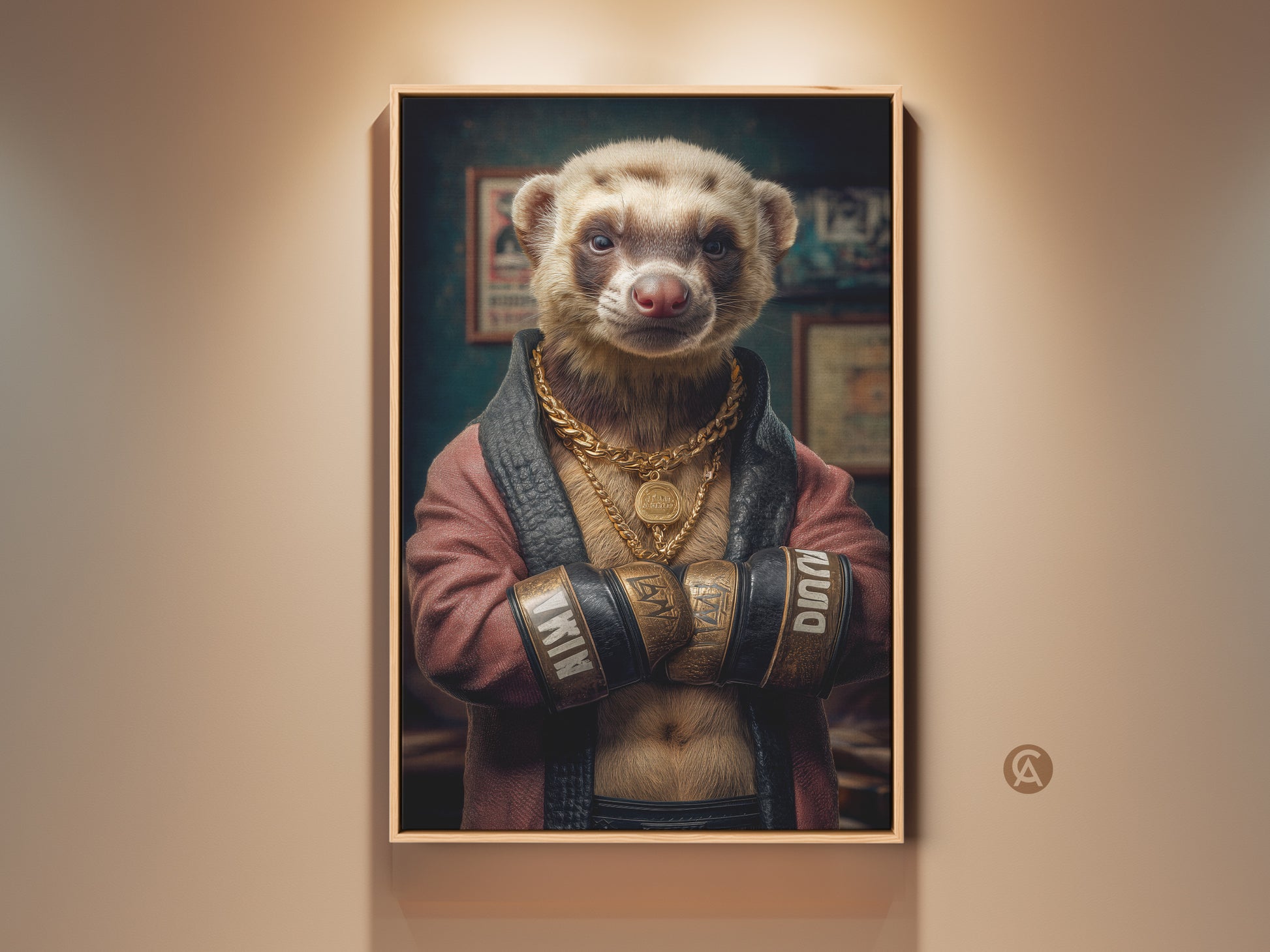 Humorous ferret boxer art print displayed in a frame. The dapper animal wears a gold chain and boxing gloves. This pop culture gift adds quirky sophistication. Perfect wall decor for an office or man cave. It blends surrealism with a rich color palette. This unique animal portrait is a conversation starter.