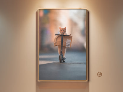 Framed artwork featuring a ginger cat on a scooter delivering a package. The digital artwork has a painterly style and is displayed on a beige wall. The artwork adds a touch of humor and charm to any room. Consider this framed art for a unique wall decor statement.