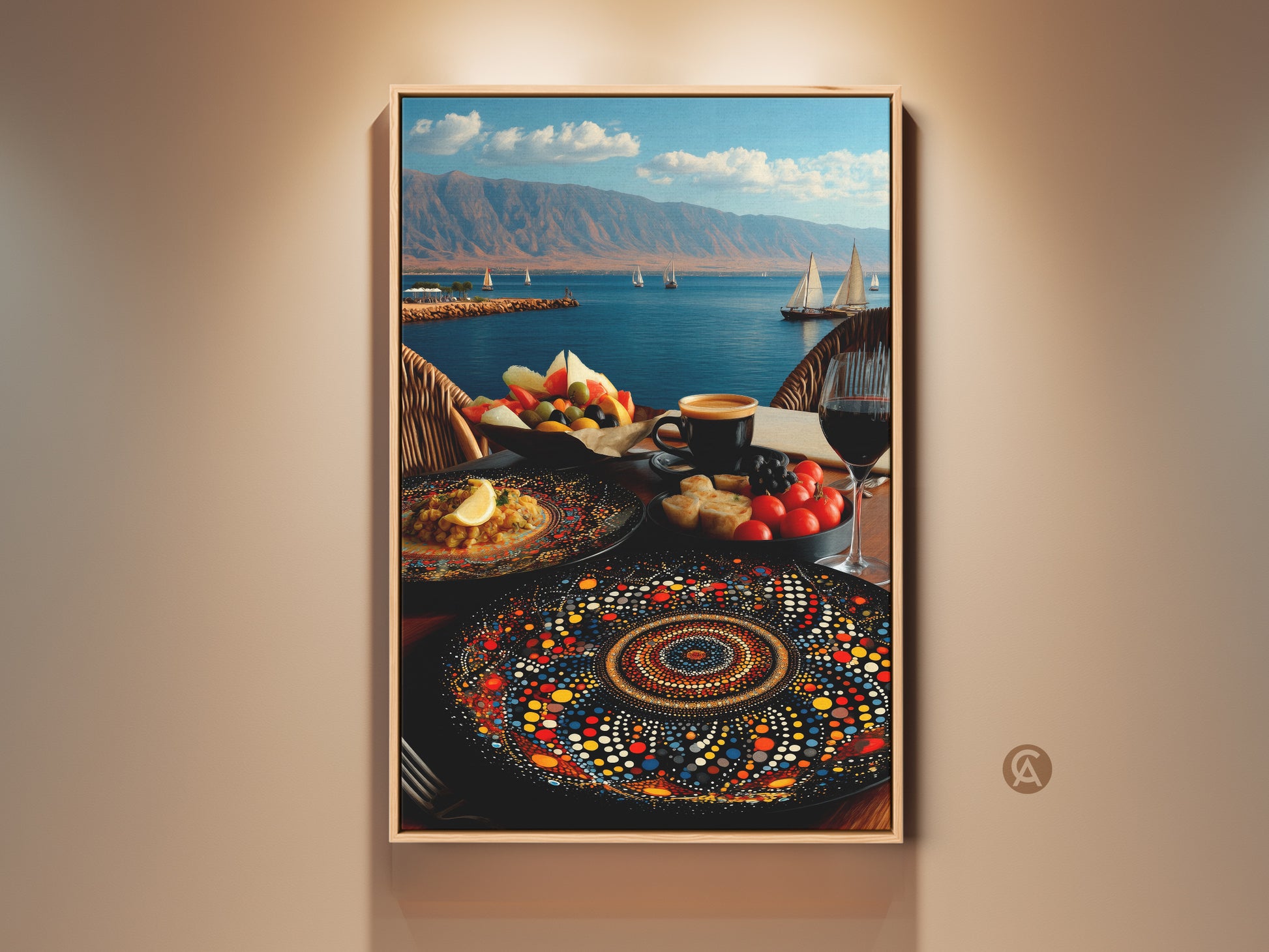 Folk art canvas print showcasing a Mediterranean seascape. Sailboats glide on blue waters with terracotta mountains. The art features a fruit platter and mandala plate for an eclectic dining room vibe. A unique piece with red and blue colors ready to enhance your home decor.