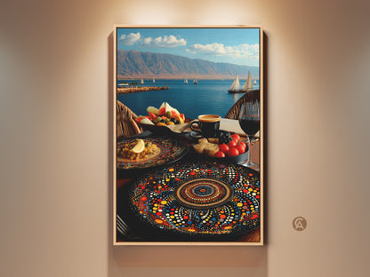 Folk art canvas print showcasing a Mediterranean seascape. Sailboats glide on blue waters with terracotta mountains. The art features a fruit platter and mandala plate for an eclectic dining room vibe. A unique piece with red and blue colors ready to enhance your home decor.