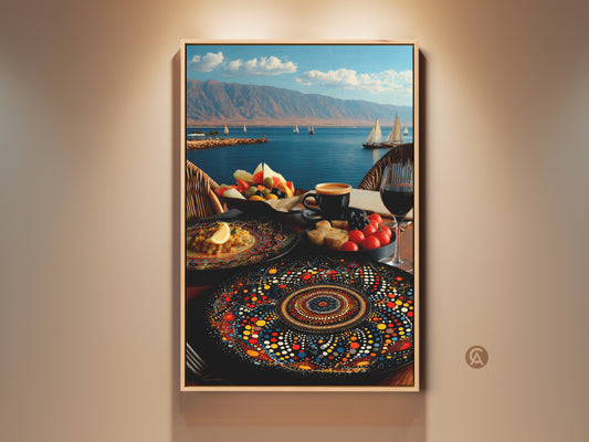 Folk art canvas print showcasing a Mediterranean seascape. Sailboats glide on blue waters with terracotta mountains. The art features a fruit platter and mandala plate for an eclectic dining room vibe. A unique piece with red and blue colors ready to enhance your home decor.