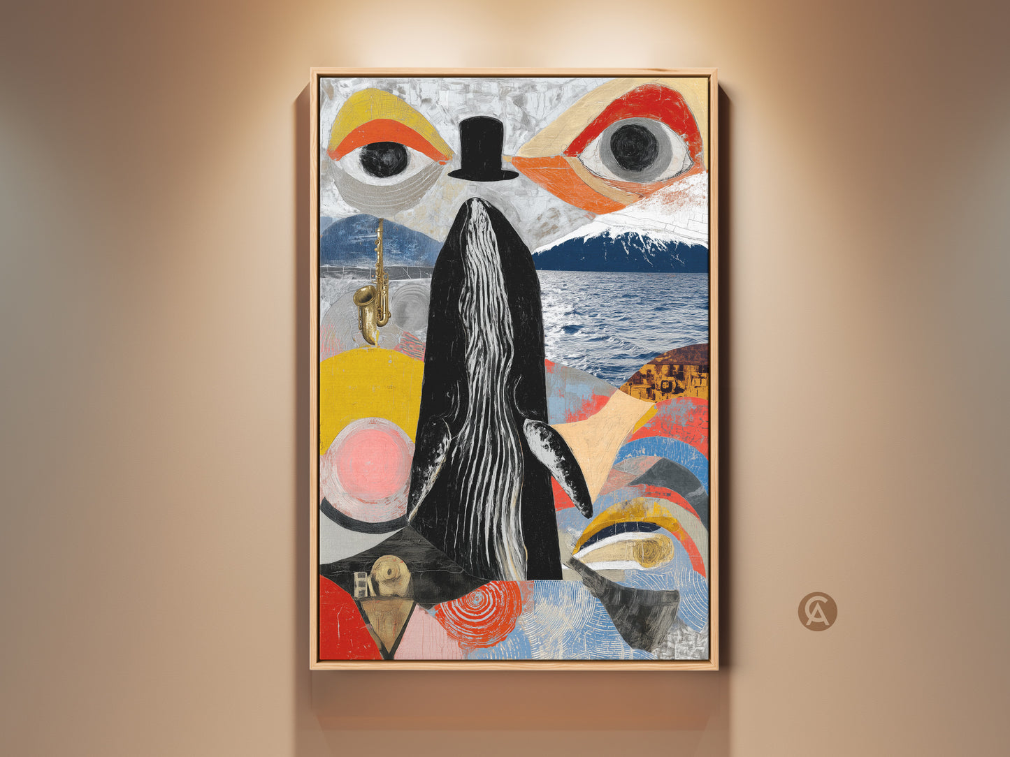 Surreal whale saxophone art print framed on a beige wall. It features an abstract collage art composition with black red yellow accents. This eclectic office decor is a unique gift for music lovers. The artwork adds a touch of artistic flair to any interior space.