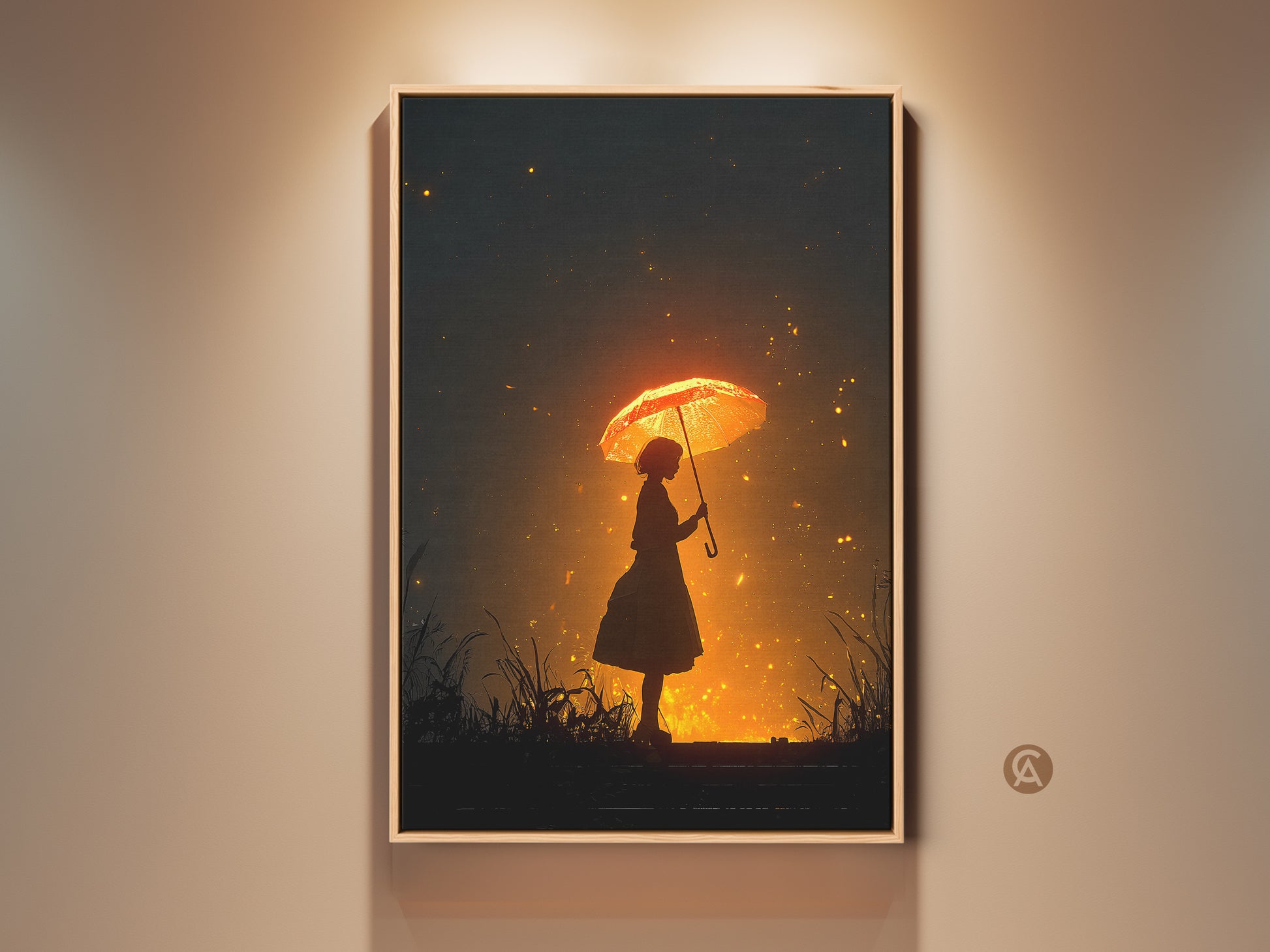 Boho Girl with Umbrella Canvas Art. Golden yellow and dark gray tones create a dreamy scene. A magical gift for her. Perfect wall decor for a bedroom or living space. Sparkling lights add an atmospheric touch.