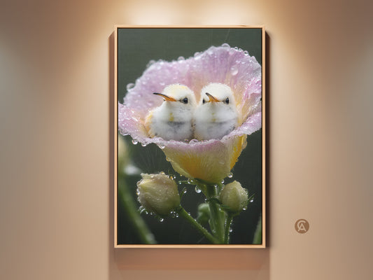 Cottagecore art print of two baby birds nestled in a dew-kissed flower. This botanical nursery decor features yellow pink green hues. A sweet newborn gift and nature wall art. The macro photography captures the innocence of nature indoors.