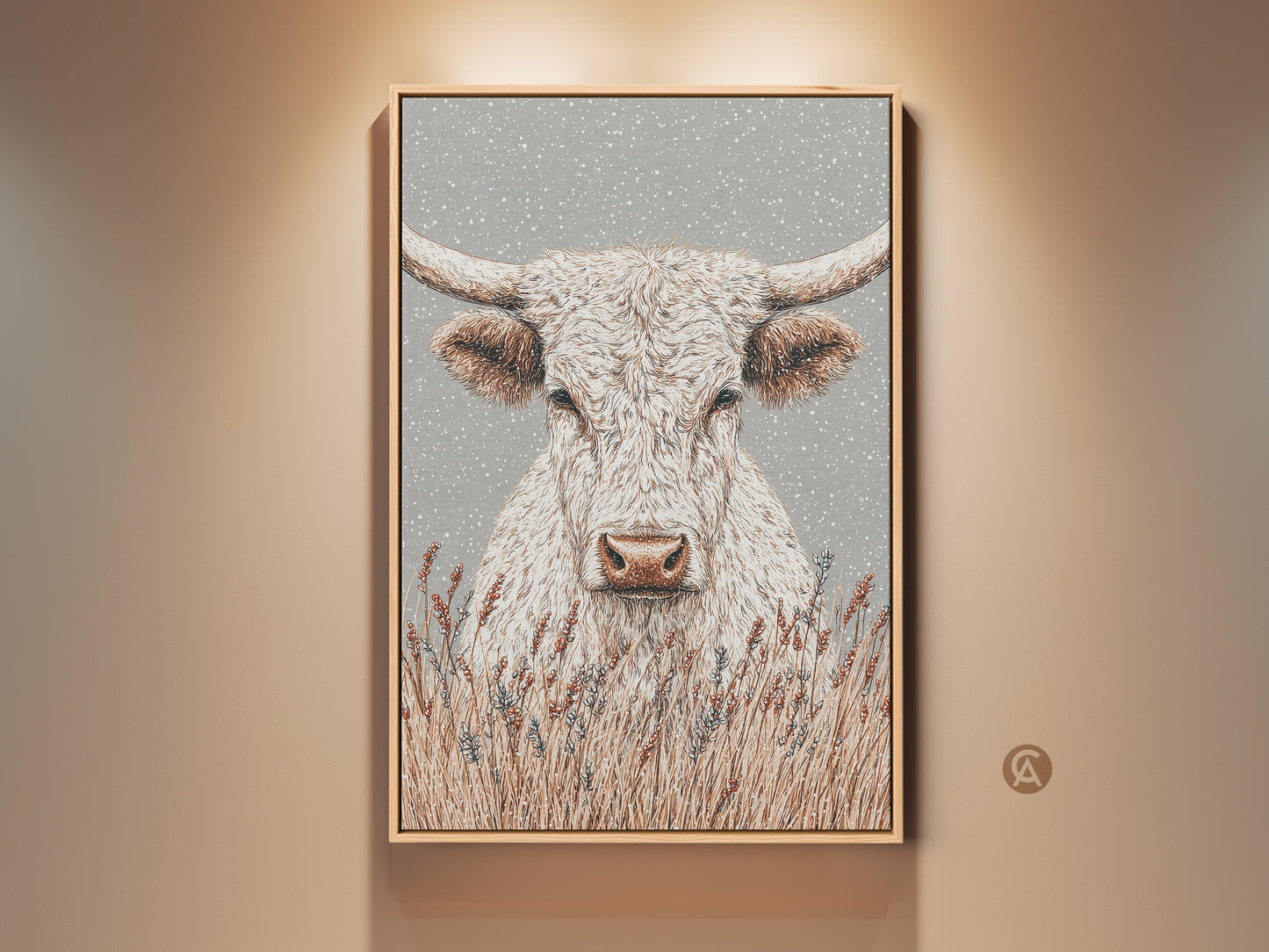 Framed artwork of a white longhorn bull with lavender plants. The bull has long horns and a serene expression. The artwork is framed in a light wood frame. It creates a rustic yet elegant feel.