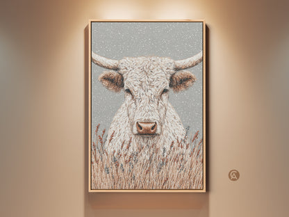 Framed artwork of a white longhorn bull with lavender plants. The bull has long horns and a serene expression. The artwork is framed in a light wood frame. It creates a rustic yet elegant feel.