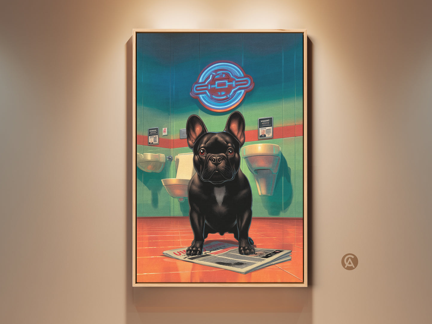 Humorous French Bulldog art print. This artwork captures a black Frenchie in a bathroom setting. This pop surrealism poster blends retro futurism with teal and orange accents. It is a unique piece of eclectic home decor great as gift for dog owners.