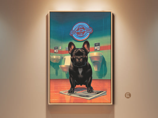 Humorous French Bulldog art print. This artwork captures a black Frenchie in a bathroom setting. This pop surrealism poster blends retro futurism with teal and orange accents. It is a unique piece of eclectic home decor great as gift for dog owners.