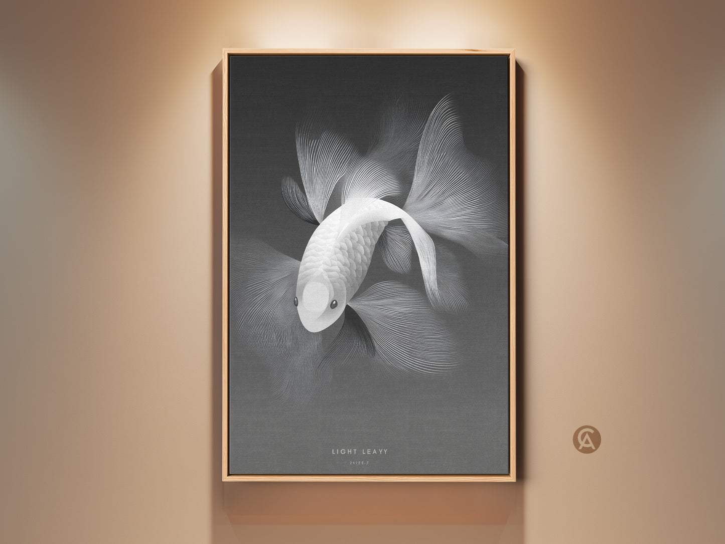 Monochrome framed artwork featuring a white fish. The art is matted and ready to hang. The frame complements the artwork. It's a serene piece for modern home decor. Buy framed canvas art for your living room or office space.
