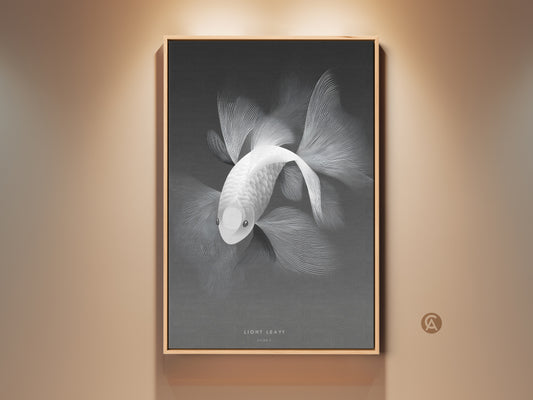 Monochrome framed artwork featuring a white fish. The art is matted and ready to hang. The frame complements the artwork. It's a serene piece for modern home decor. Buy framed canvas art for your living room or office space.