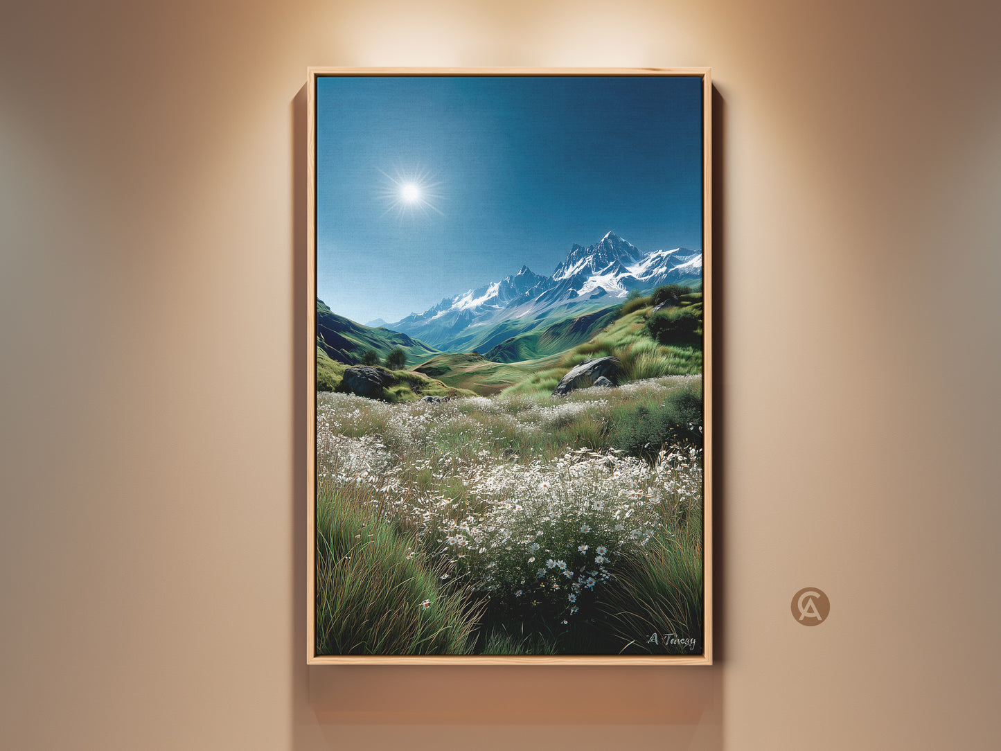Brighten your space with mountain landscape artwork. This framed artwork captures a majestic mountain range under a clear sky. The sun shines brightly above. A field of white flowers adds a touch of serenity. Perfect wall art for nature lovers. Order yours today.