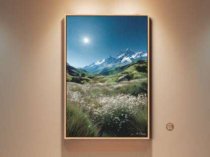 Brighten your space with mountain landscape artwork. This framed artwork captures a majestic mountain range under a clear sky. The sun shines brightly above. A field of white flowers adds a touch of serenity. Perfect wall art for nature lovers. Order yours today.