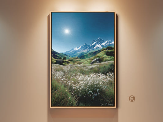 Brighten your space with mountain landscape artwork. This framed artwork captures a majestic mountain range under a clear sky. The sun shines brightly above. A field of white flowers adds a touch of serenity. Perfect wall art for nature lovers. Order yours today.