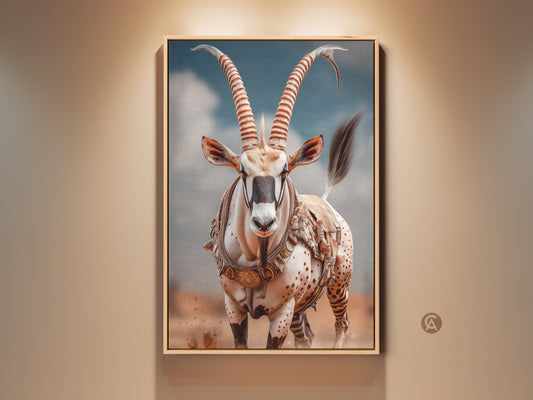 Desert Oryx wildlife canvas print. Photorealistic animal wall art adds eclectic touch. Sandy beige earthy brown tones create warm ambiance. Sky blue art enhances nature inspired decor. Perfect housewarming gift for safari lover.