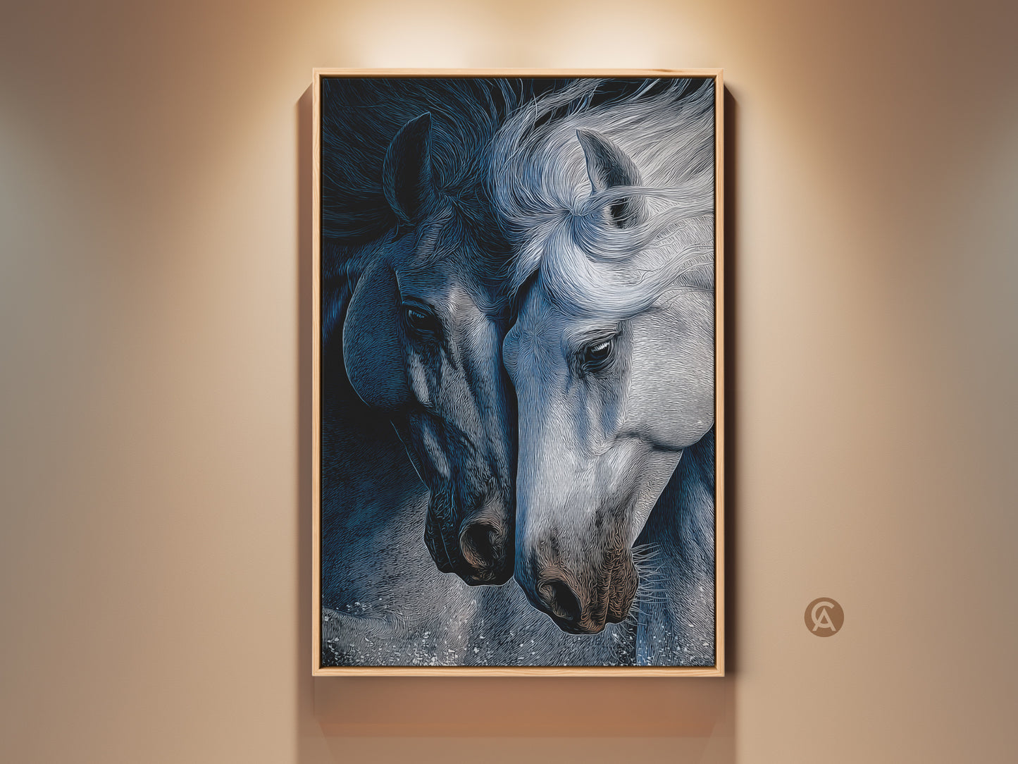 Framed indigo horse canvas art graces a beige wall. This contemporary horse print showcases a monochrome style. It's an elegant equestrian wall hanging perfect as nature horse artwork. This blue gray art print adds sophistication and charm to any room. A thoughtful gift for horse lovers or as a housewarming present.