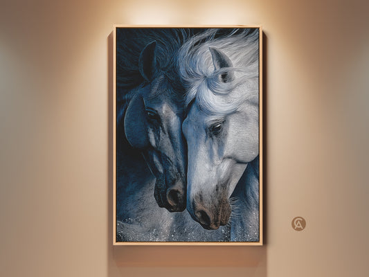 Framed indigo horse canvas art graces a beige wall. This contemporary horse print showcases a monochrome style. It's an elegant equestrian wall hanging perfect as nature horse artwork. This blue gray art print adds sophistication and charm to any room. A thoughtful gift for horse lovers or as a housewarming present.