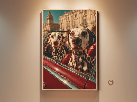 Two vintage Dalmatians enjoy a classic red convertible ride. This eclectic animal art is set against vintage architecture. A perfect housewarming gift for dog lovers adding a unique retro touch to any home.
