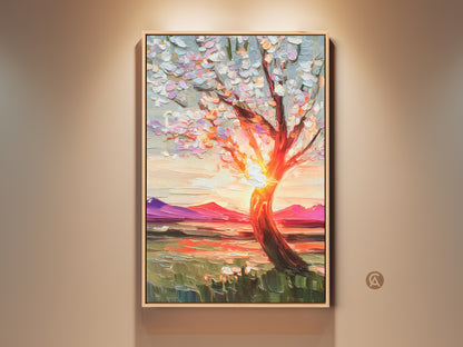 Framed textured canvas print showcases an impressionist blooming tree against a sunset. The vibrant orange yellow and pink landscape art adds a boho touch to any space. Perfect vibrant nature decor or a thoughtful housewarming gift art print for nature lovers. A perfect piece for a bedroom living room or home office.
