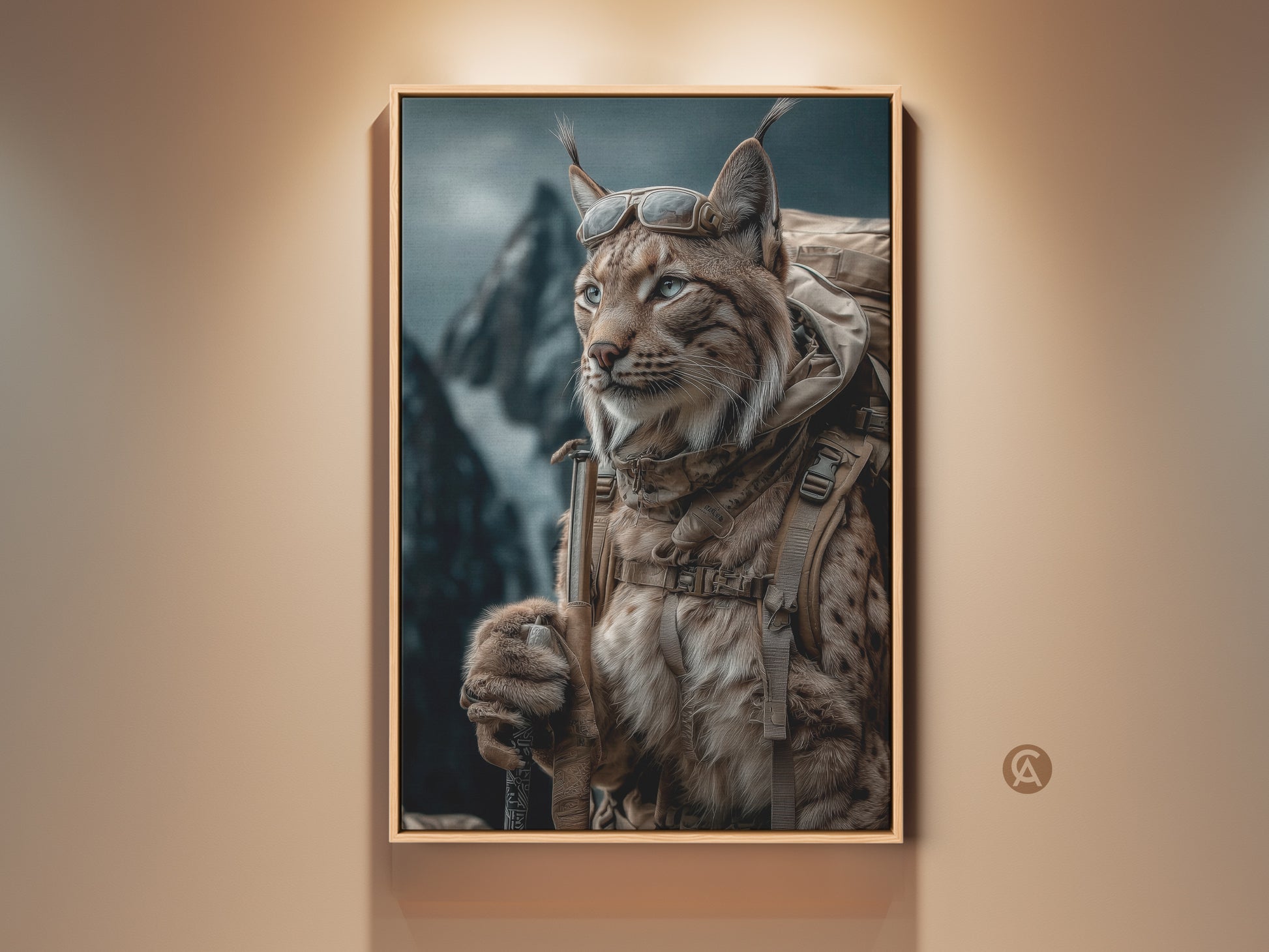 Framed Rustic Lynx artwork. This captivating print features a photorealistic lynx dressed for outdoor adventure. The anthropomorphic animal has a backpack and goggles on. Displayed against a backdrop of majestic mountains. This tan brown teal wildlife artwork is perfect for your study and office. A unique gift for nature lovers.