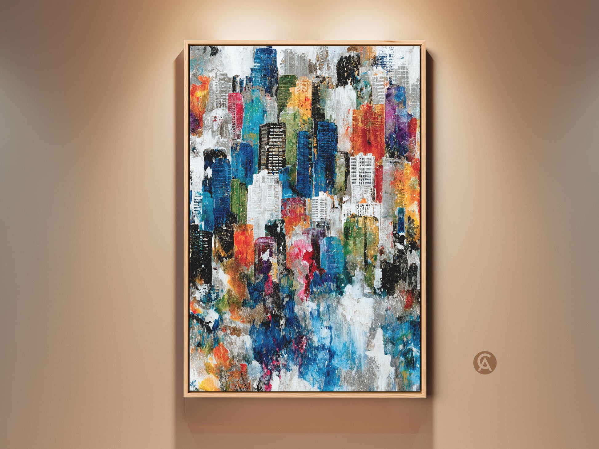 Framed abstract city art on a beige wall creates a modern aesthetic. The artwork features vibrant colors suggesting a bustling cityscape. Perfect wall decor to add contemporary flair to any space. The frame enhances the painting's visual impact.