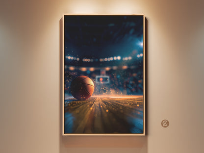 Elevate your space with this captivating basketball art. A basketball sits on a court bathed in light. The artwork is framed adding a touch of elegance. Perfect for sports enthusiasts looking to enhance their decor.