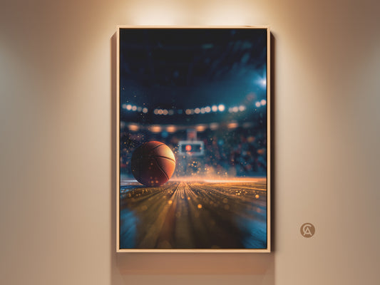 Elevate your space with this captivating basketball art. A basketball sits on a court bathed in light. The artwork is framed adding a touch of elegance. Perfect for sports enthusiasts looking to enhance their decor.