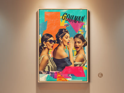 Retro collage art featuring three women gossiping. This pop art women print has an eclectic home decor style. The orange aqua and teal wall hanging is a statement piece. Perfect birthday gift for her.